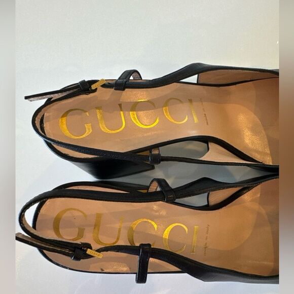 GUCCI Baby Horsebit Slingback Leather Pump Black Gold EU 40.5 US 10.5 Authentic - Picture 4 of 10